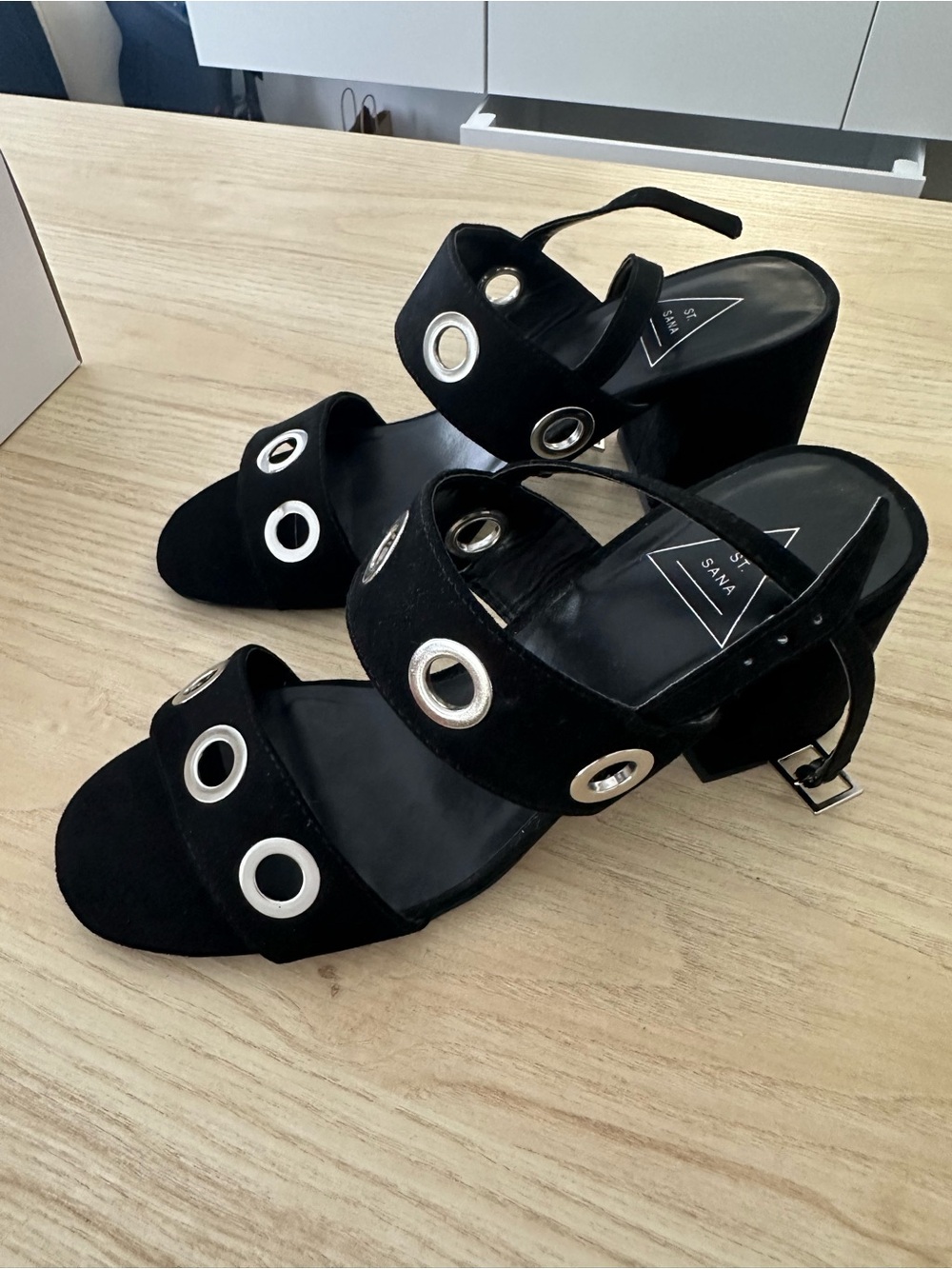 St.Sana Black Suede Block Heel Sandals with Silver Grommets